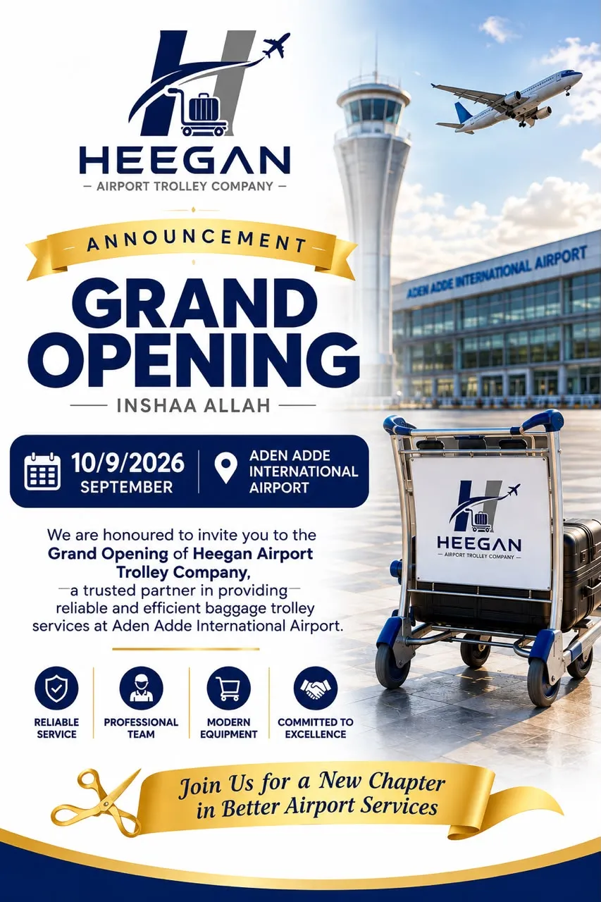 The Heegan Airport Trolley Company grand-opening announcement: the Heegan logo above the terminal building and control tower of Aden Adde International Airport, with an aircraft climbing overhead and a branded luggage trolley in the foreground, marking the opening on 10 September 2026.