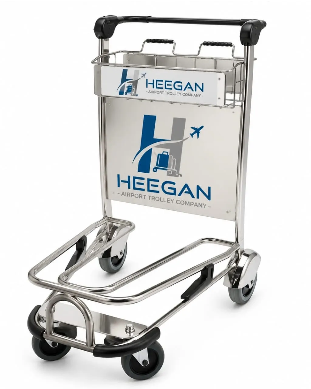 A Heegan stainless-steel airport luggage trolley photographed against a white background, showing its black rubber brake handle, four swivel castors and a branded front panel carrying the Heegan Airport Trolley Company logo.