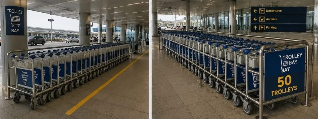 Two kerbside Heegan trolley bays at an airport entrance, each holding a long row of blue-panelled luggage trolleys inside a stainless steel guide rail, beneath overhead signs for Departures, Arrivals and Parking.