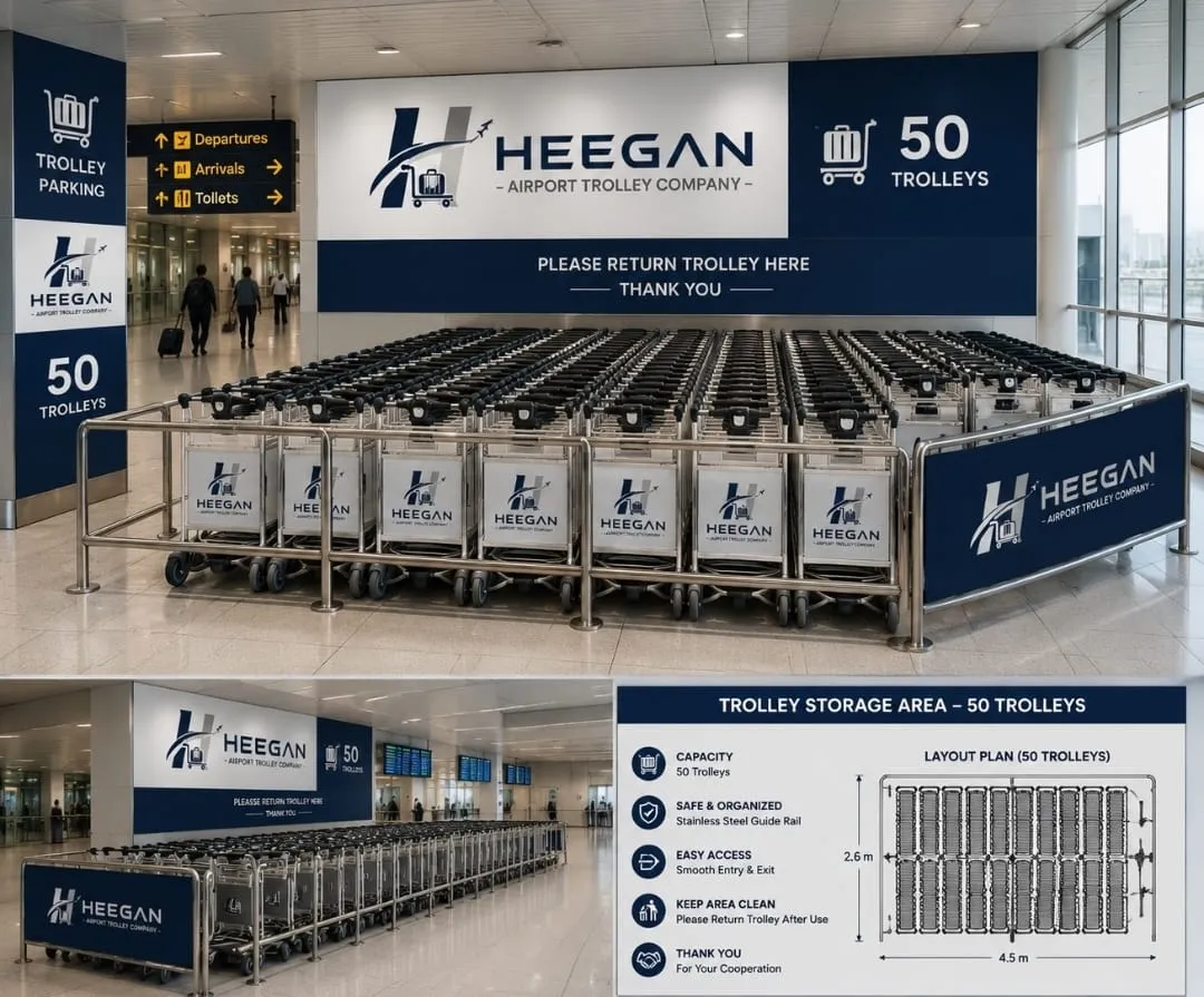 A Heegan trolley bay inside an airport terminal: around fifty nested stainless-steel luggage trolleys held in a stainless guide rail beneath a navy wall panel reading "Please return trolley here" and "50 trolleys", with departures signage and travellers in the background.